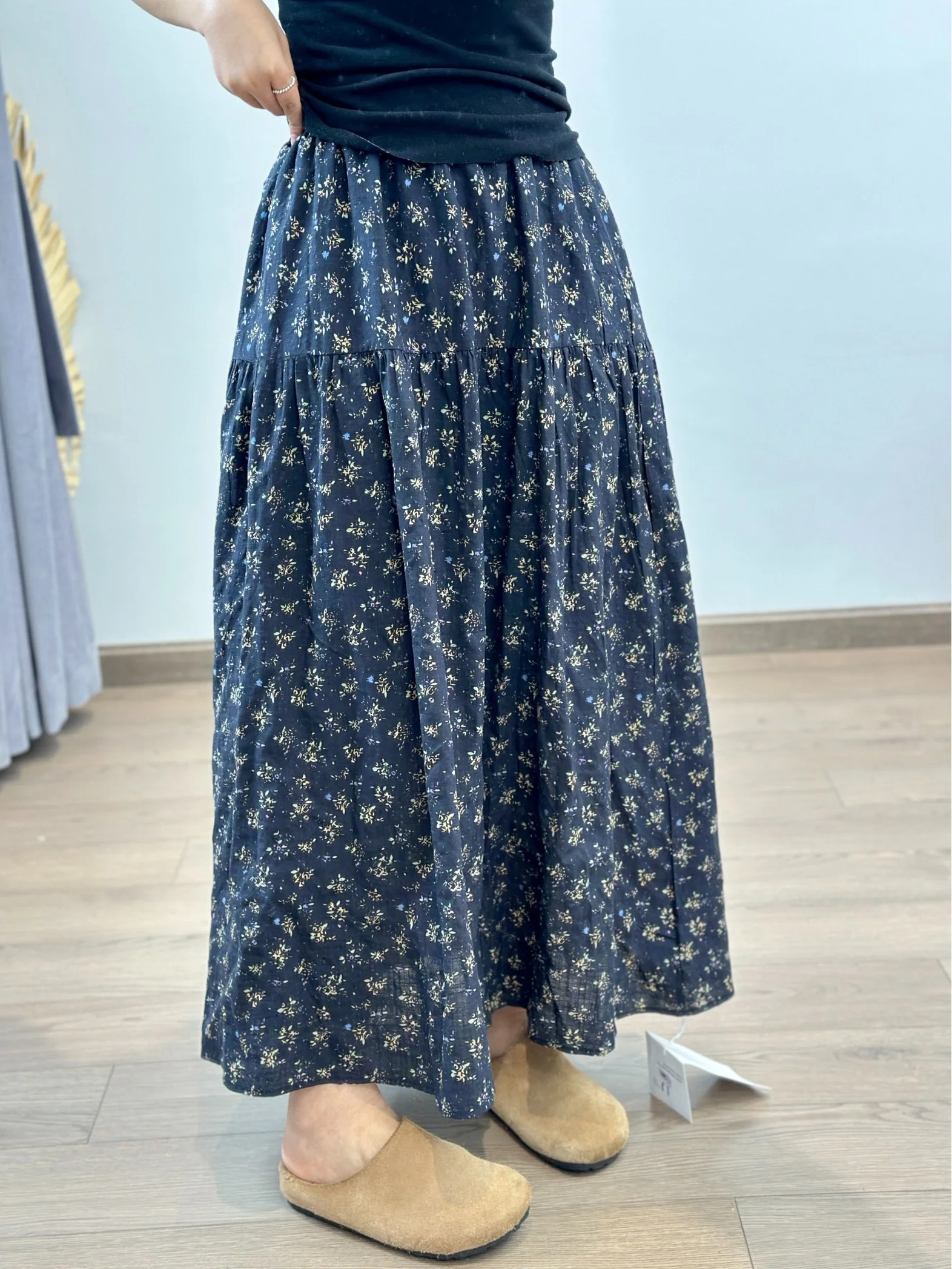 Saia midi casual com estampa floral evasê feminina plus size cintura elástica primavera verão novo Sle japonês high-end f-length S...