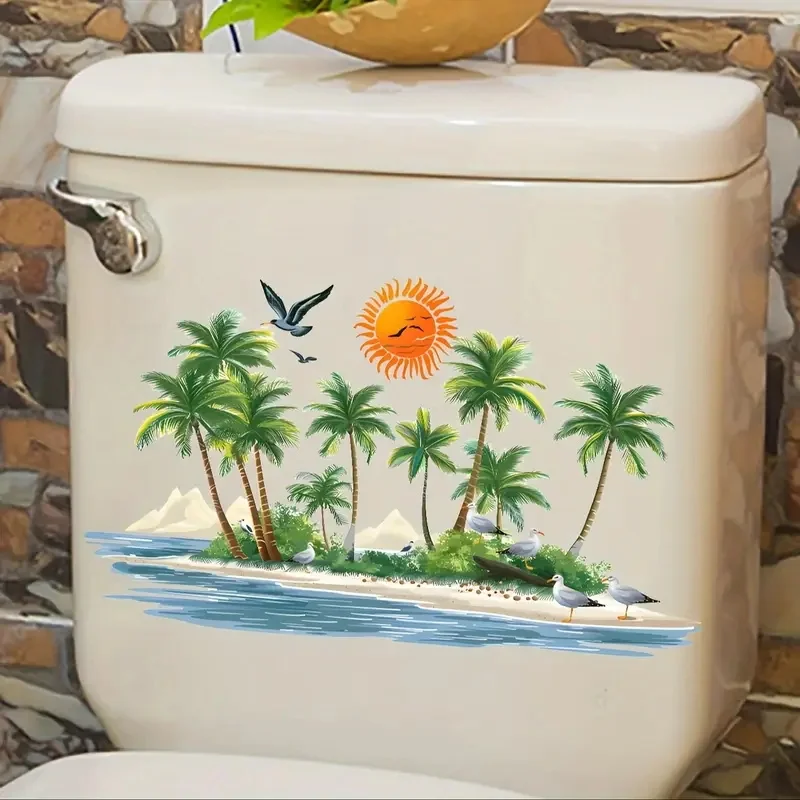 Tropical Beach Sunset Palm Tree Toilet Lid Decal - Self-Adhesive PVC Toilet Cover Sticker with Ocean Waves, Seagulls