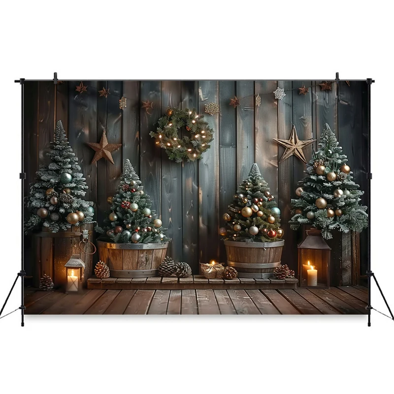 Christmas Tree Backdrop Ball Pentagram Children Kid Wood Wall Backgrounds For Photographs Shooting Props Decoration Photo Studio