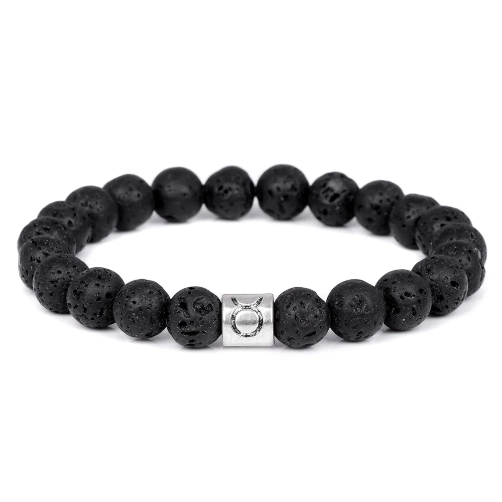 Black Volcanic Lava Rock Stone Bracelets 12 Constellations Zodiac Sign Charm Bangle Wristband Pisces Jewelry Gift For Women Men