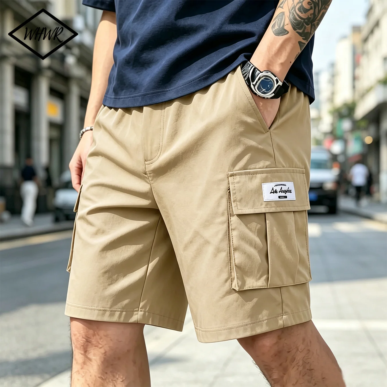 Retro Men's Cargo Shorts Streetwear Summer Elastic Waist Drawstring Shorts Men Khaki Solid Casual Loose Short Pants Male