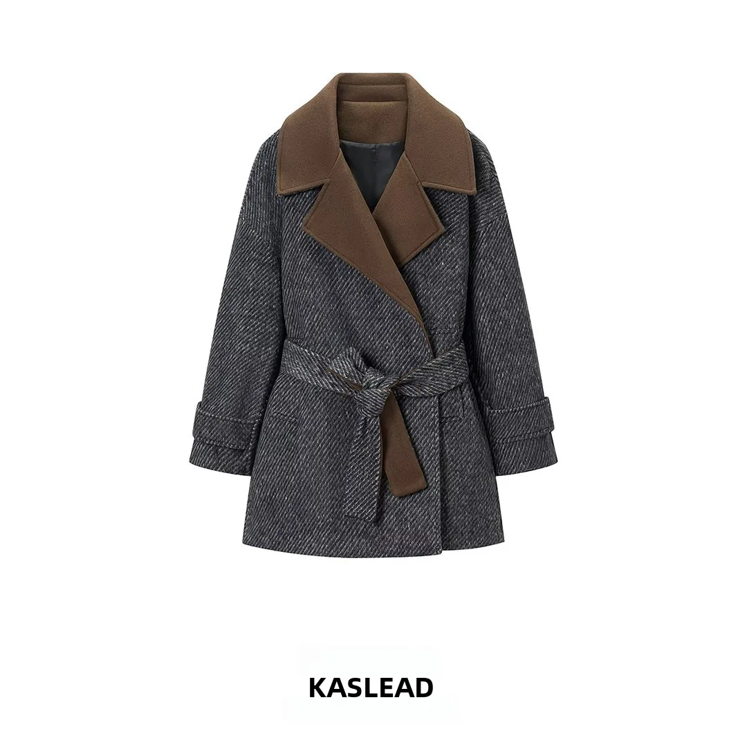 KASLEAD New Women's Fashion High-End Feelings Color Block Collar Belted Woolen Coat Versatile Thick Autumn Online Exclusive P...