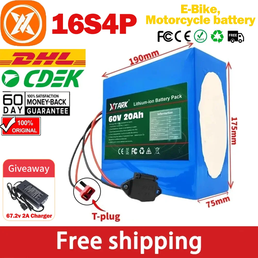 New 60V 20Ah 21700 Lithium Battery Pack 16S4P 1000W-3000W Electric Bike Motorcycle Scooter Battery +67.2V 2A Charger