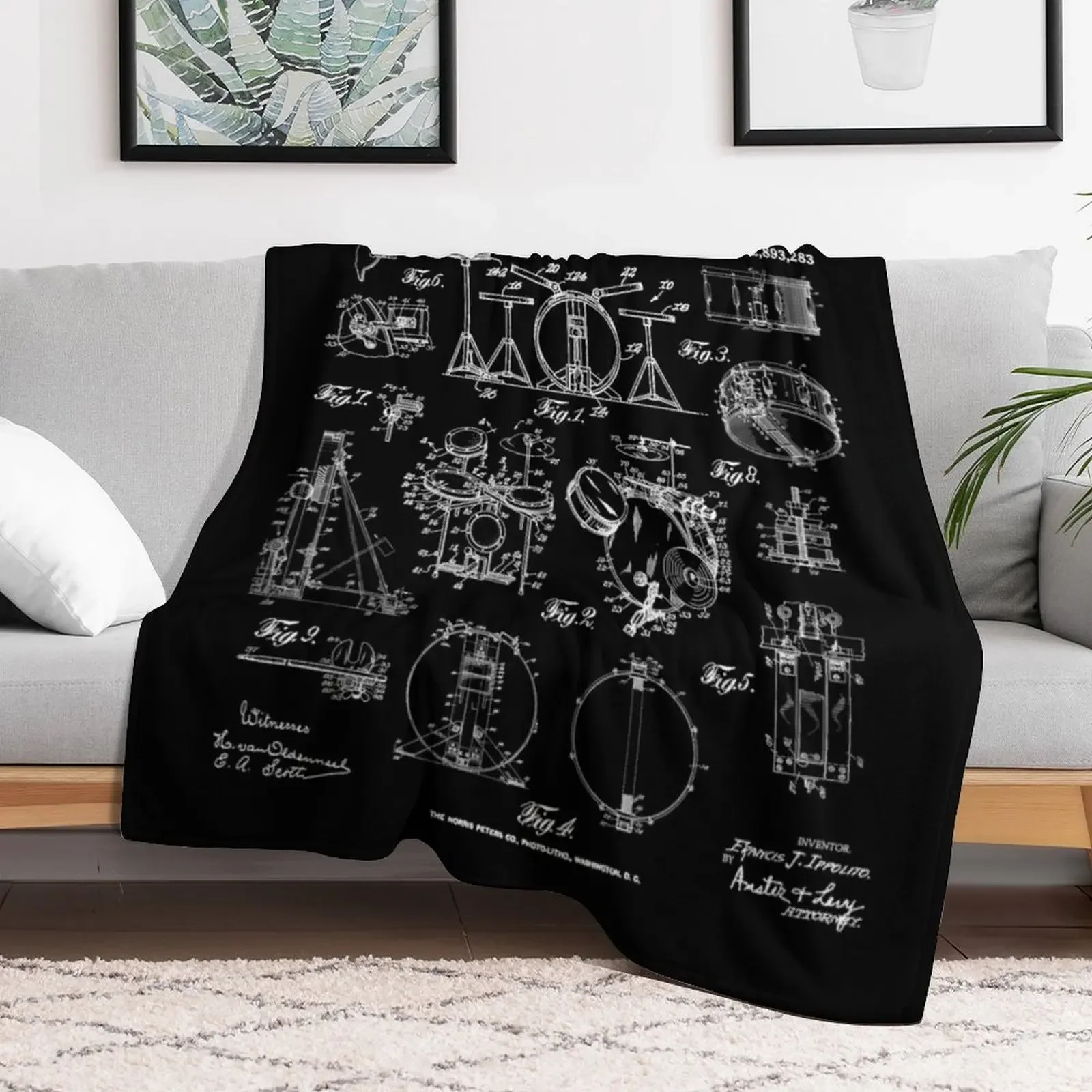 Drum Set Kit Vintage Patent Drummer Drawing Print Throw Blanket Anti Shedding Soft Fuzzy Blanket for Home
