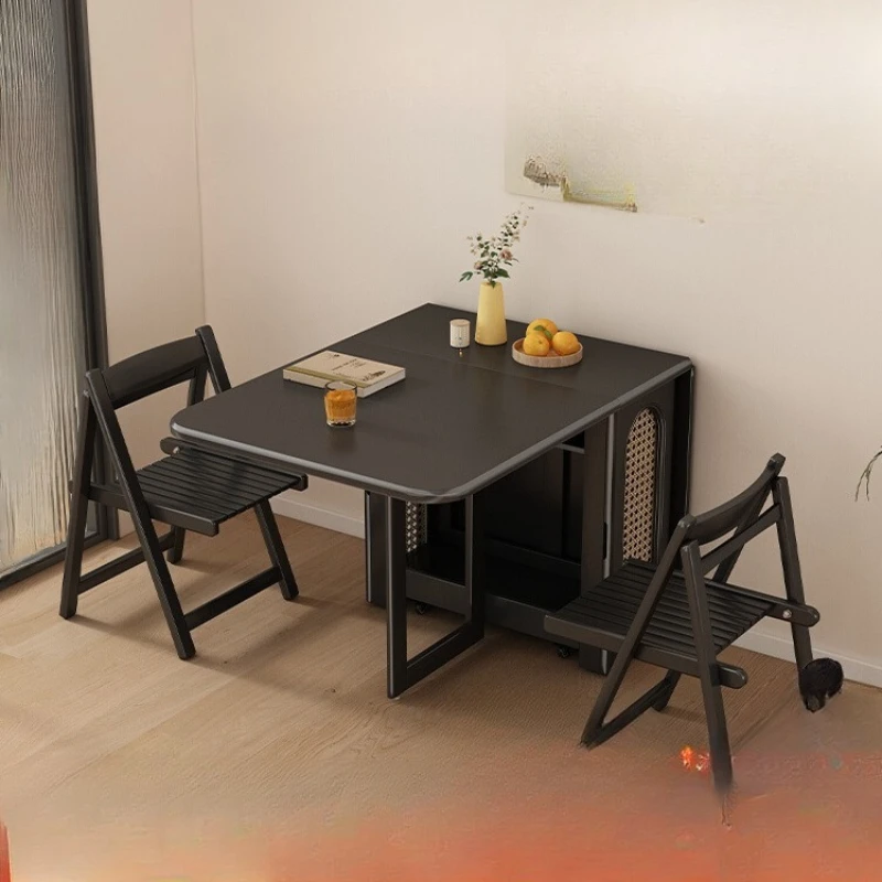 

Foldable black rock slab dining table, tables and chairs can be stored, small household space-saving retractable folding table