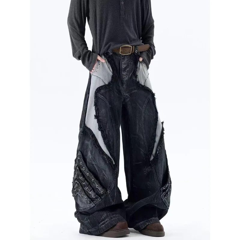 

Y2k High Street Fringed Patchwork Hip-hop Jeans for Men Japanese Korean Fashion Streetwear Men's Baggy Wide Leg Denim Pants
