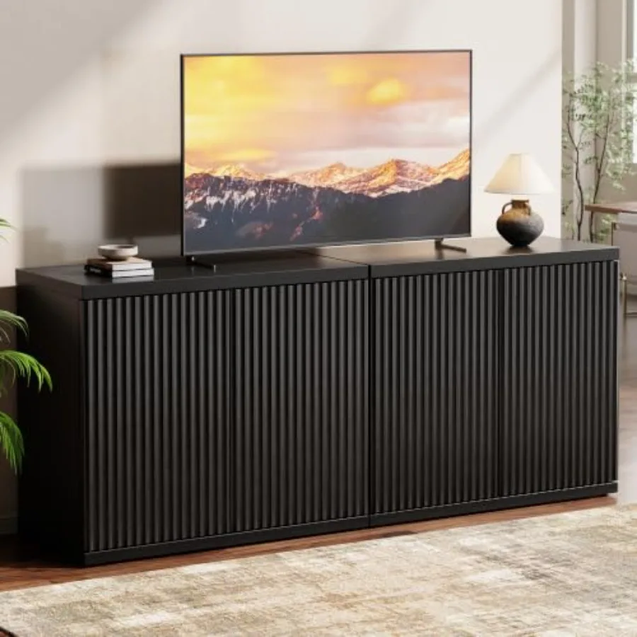 61.8 TV Stand for Living Room, Fluted Media Console in Walnut Finish Solid Wood, Modern Design, Fits 5565 Inch TVs