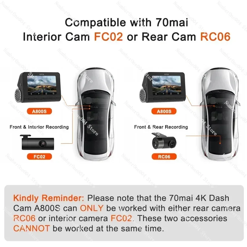 Suitable for 70 mai Car Black Box 70mai dash cam 4k a800s with 70mai RC06 Rear Camera