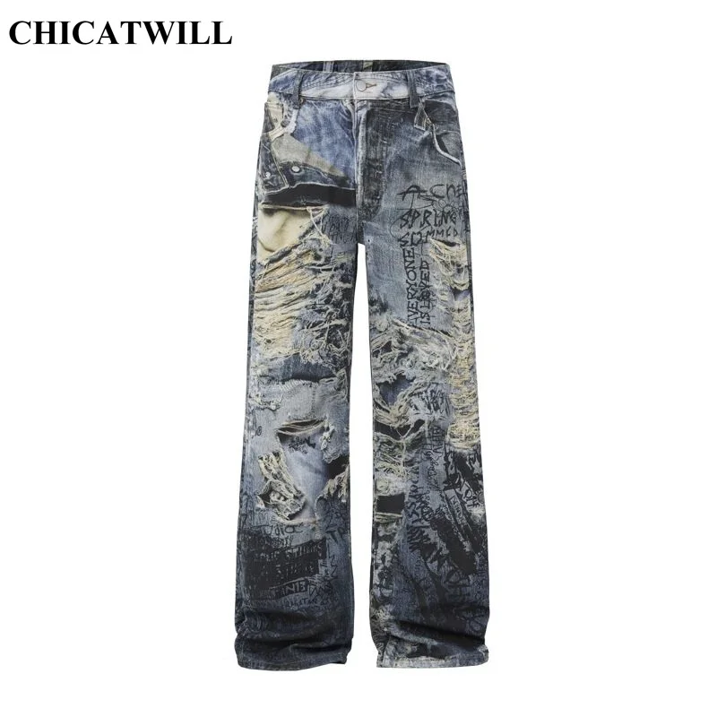 CHIC Streetwear Oversized Distressed Denim Straight Jeans For Men & Women Harajuku Retro Vibe 3D Print Pants Boyfriend Trousers