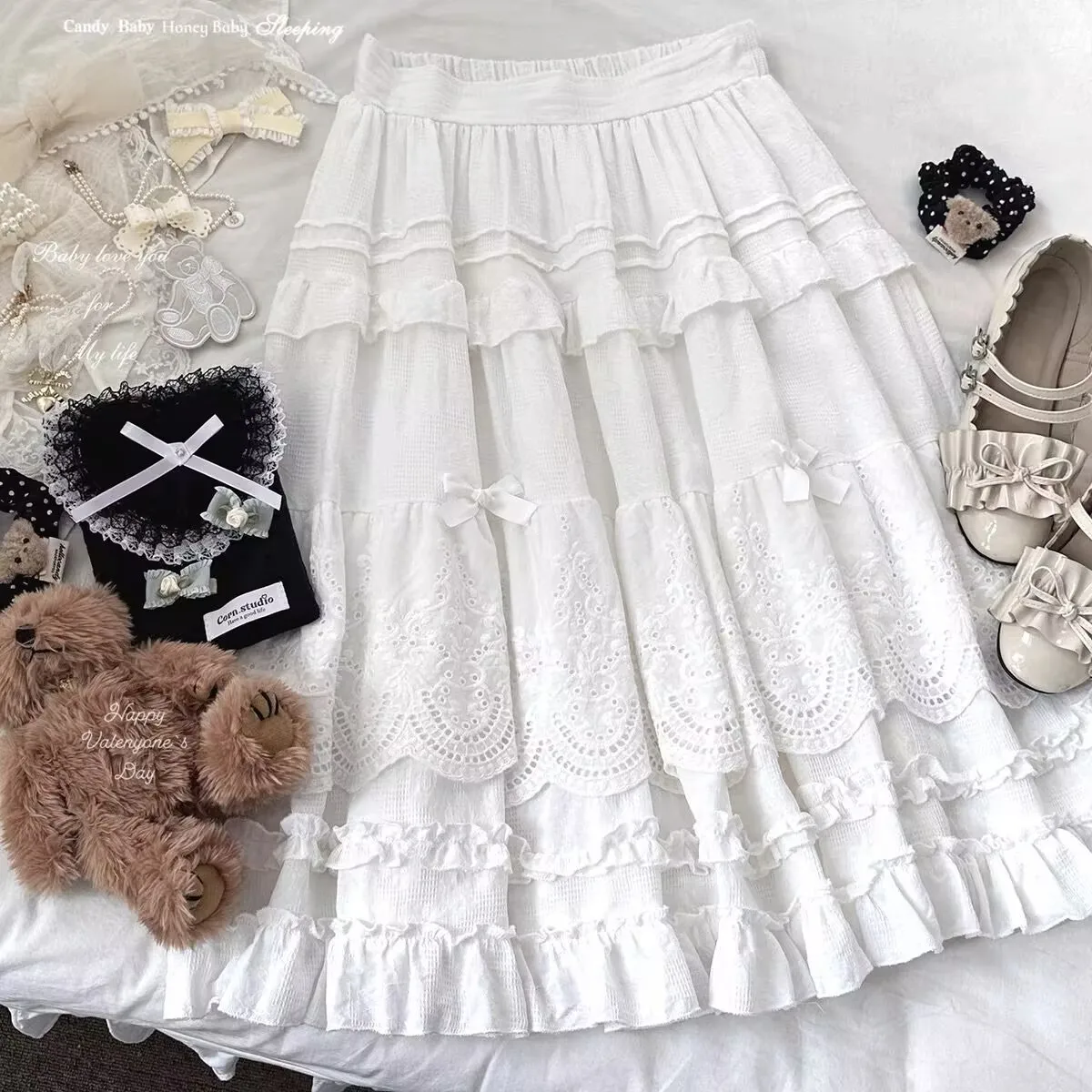 Lolita Midi Skirt Women Vintage Embroidery Lace Floral Bow Ruffles Long Skirts Kawaii Schoolgirl Prairie Chic Pink Y2k Skirt