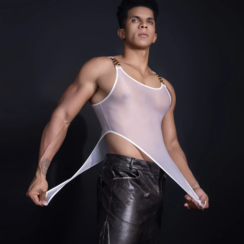 Sexy Men Satin Shiny One Pieces Thong Bodysuit Tops Fashion Traceless Tights Yoga Shaping High Elastic Shaping Wear Breathable