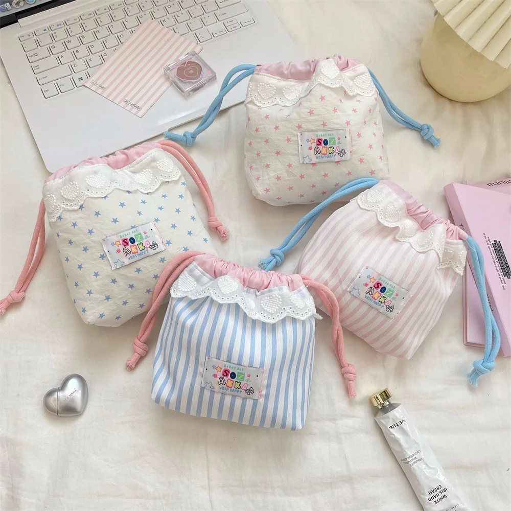 

Ladies' Cosmetic Bag Cute Lace Korean Kawaii Drawstring Y2K Storage Bag High-quality Luxury Brand Coin Purse Toiletries Bag