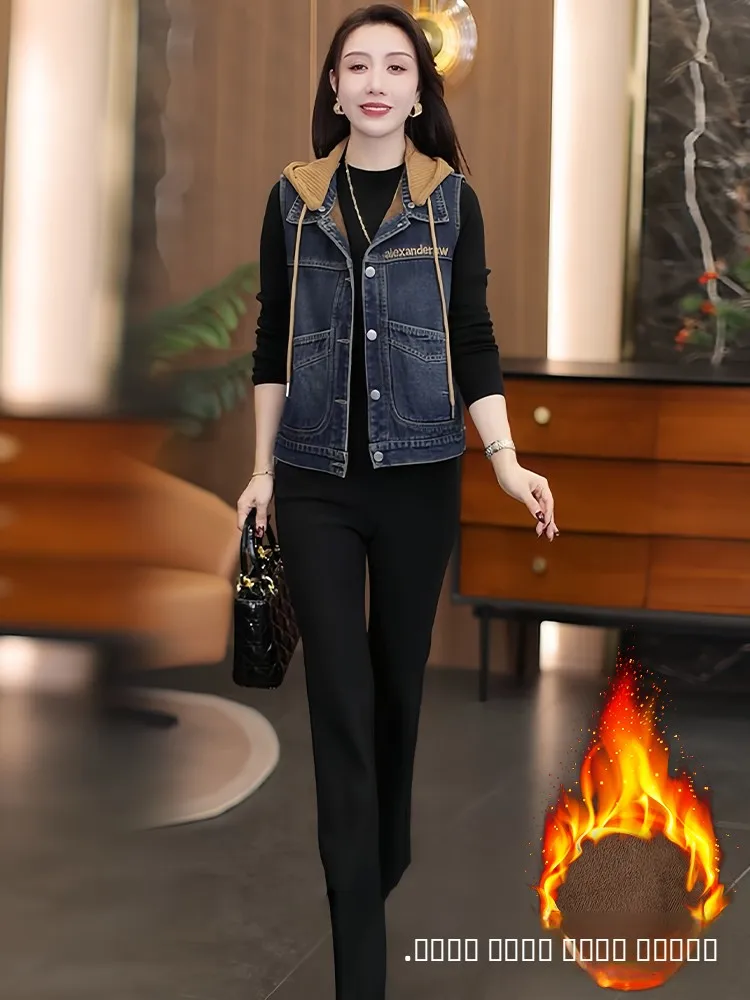 

Fce Lined Svel Vest Jaet Women's Faion 2026 Winter New Hat Hooded Denim Vest Commute Sle ort Length Single B...