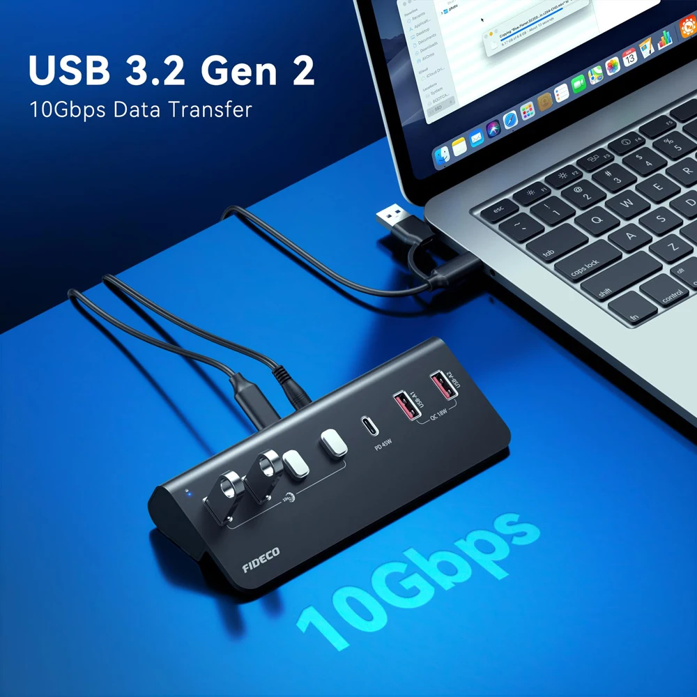 FIDECO USB Hub 10Gbps Transfer Type C Splitter PD60W Charging Adapter Multi Ports Switch for Workstation Multi Device Expansion