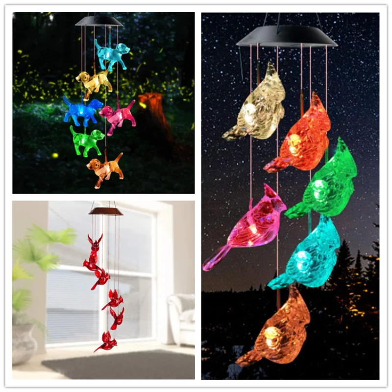 

New Outdoor Solar lights wind chime lamps LED colorful hummingbird puppy Christmas decorative gardens courtyard Decor Lightings