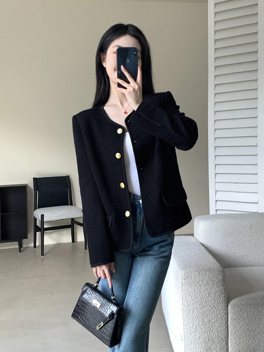 

Bla round Ne Jaet for Women FT GUOGE Vintage Sle Wool Blend Spring 2026 Faionable Versatile Ladies' Coat