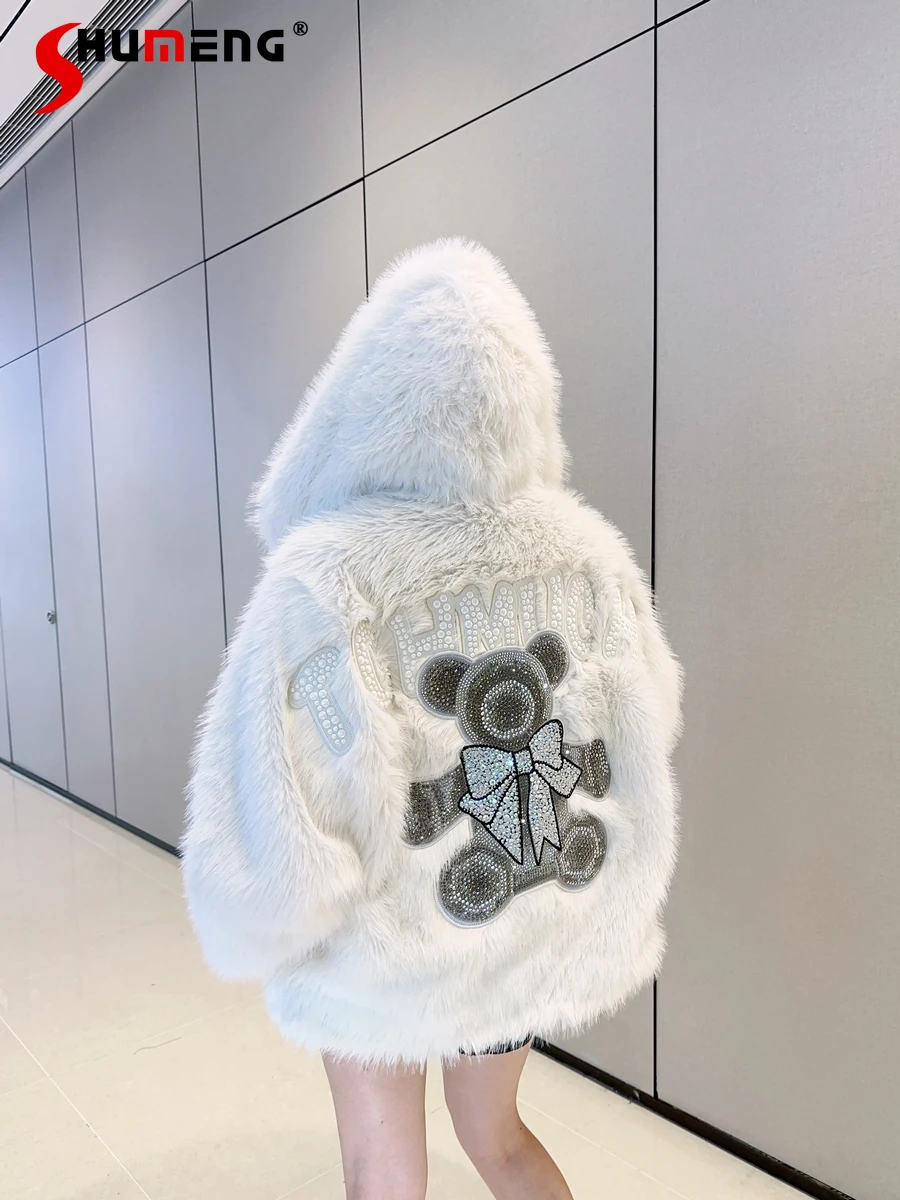 

Fashion Environment-Friendly Fur Winter Women's Furry Coats Rhinestone Bow Bear Cute Socialite Feminine Temperament Coat