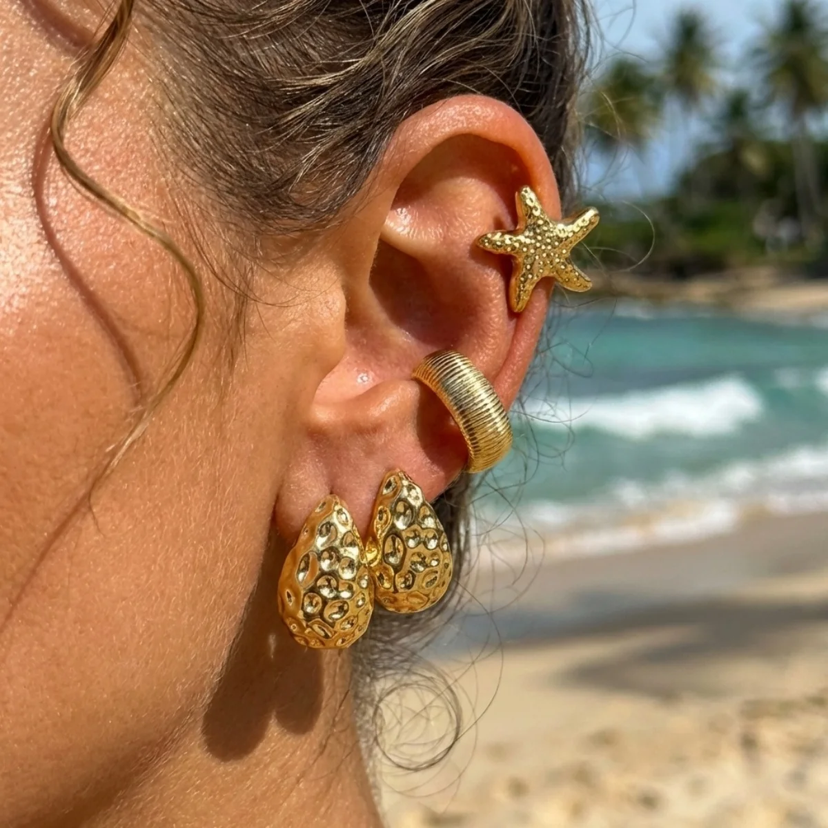 Bohemian Seestern Lava Wassertropfen CCB Ohrstecker-Set für Damen und Herren Muschel C-förmige Ohrringe Sommerurlaub Party Schmuck – Detail 6
