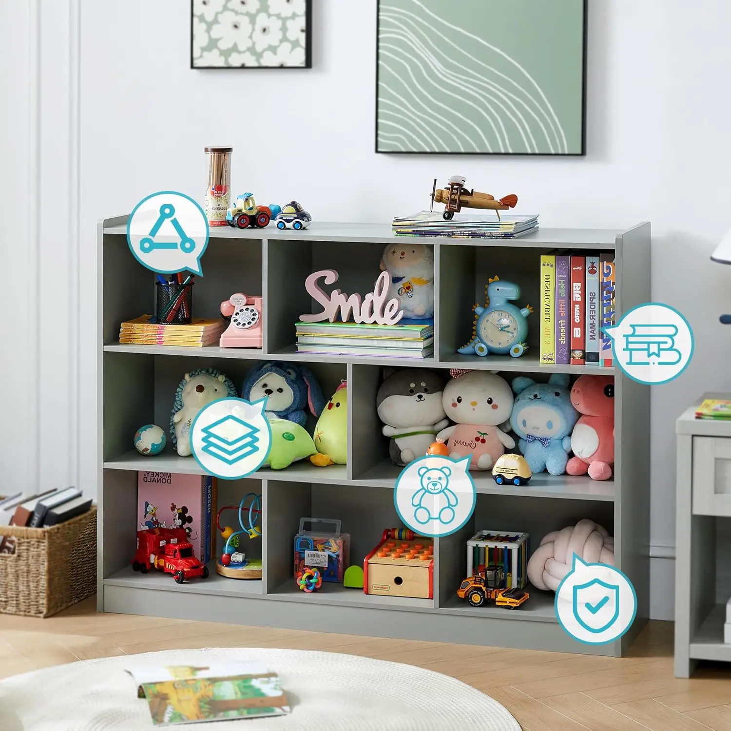 8-Section Wooden Bookcase, Storage Organizer with Anti-Tilt Device, Modern Storage Display Cabinet for Living Room, Classroom, K