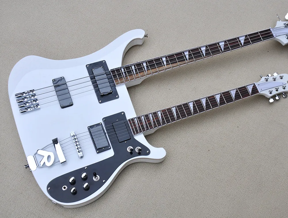 White Body 4+6 Strings Double Neck Electric bass Guitar ,Chrome hardware,Provide customized service