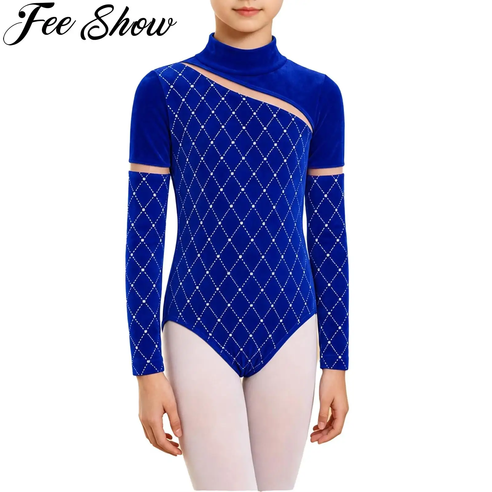Children Girls Gymnastics Leotard Ballet Dance Figure Skating Performance Costume Long Sleeve Metallic Rhombus Velvet Bodysuit