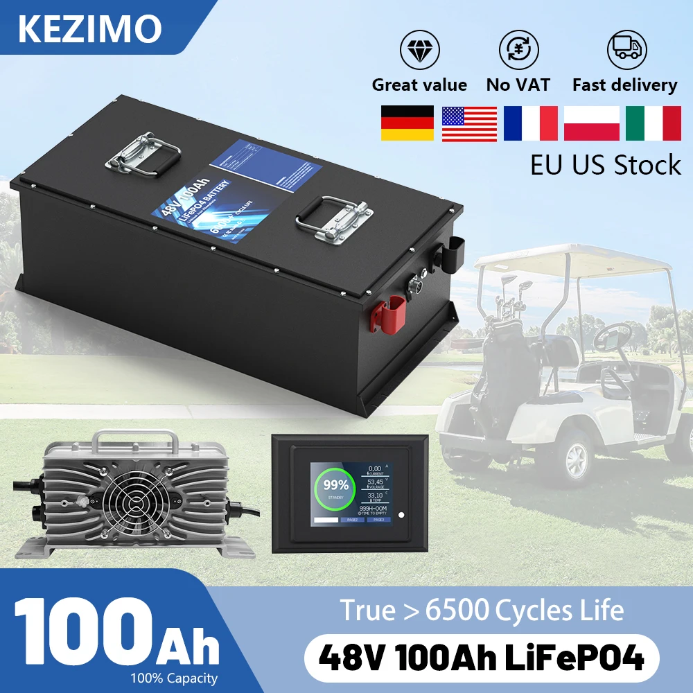 48V 100AH Lifepo4 Battery Pack 6500+ Cycles Rechargeable Lithium Golf Cart Battery Built-in Smart BMS With Touch Monitor Charger