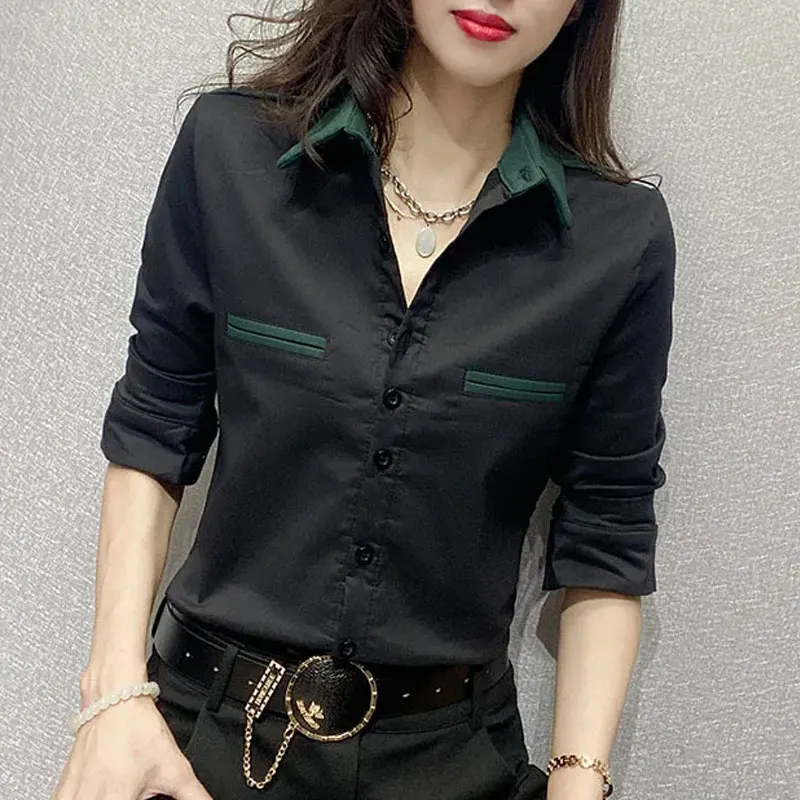 Blusa feminina de manga comprida com bolsos, senhora do escritório, desgaste do trabalho, de peito único, emendada, elegante, roupa feminina,