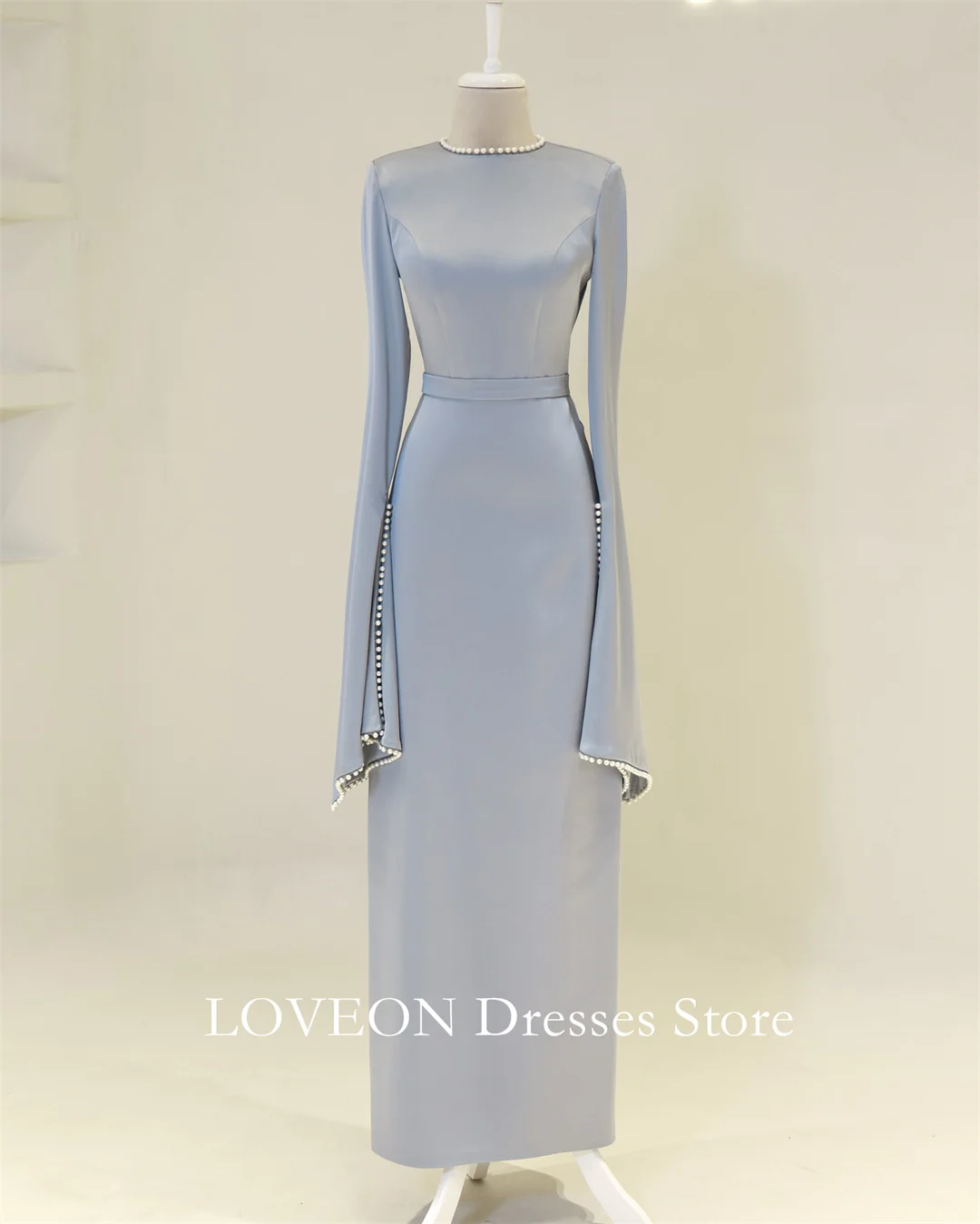 Crepe Pearls Sky Blue Formal Evening Dresses Modest Long Sleeves  فساتين سهرة  Customized Elegant Prom Growns Party Women