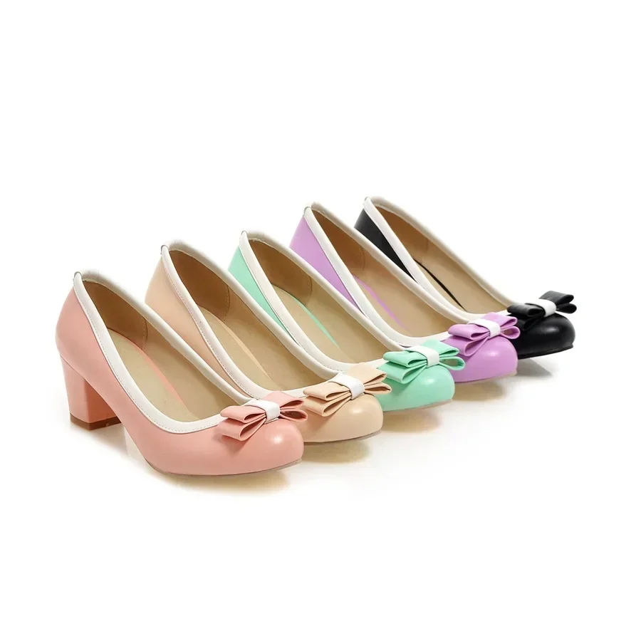 Casual Bow Women Pumps PU Leather 6cm High Square Block Heel Bowknot Round Toe Sweet Pink Bowtie Wedding Party Office Lady Pumps