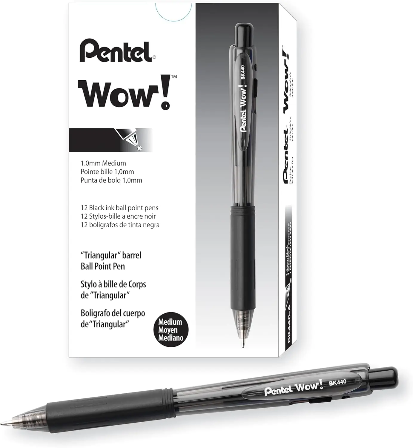 

Pentel Wow! Retractable Ballpoint Pen, (1.0mm), Medium Line, Black Ink, Box of 12(BK440-A)