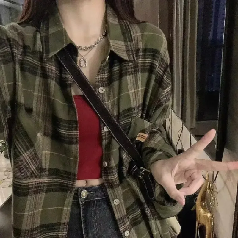 Plaid Shirts Women Retro Turn-down Collar Blouses All-match Straight Hong Kong Style Button Up Elegant Long Sleeve Outwear Femme