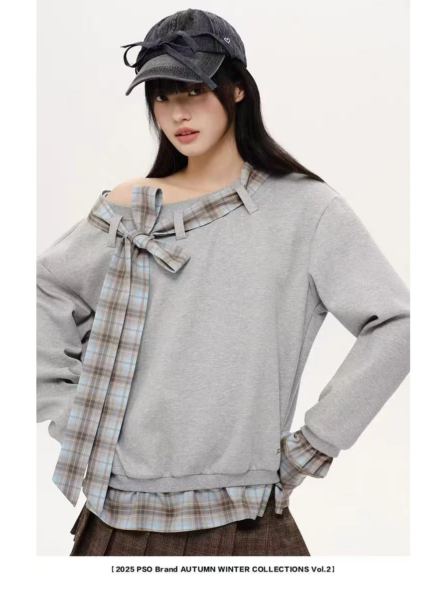 เสื้อสเวตเตอร์ทรงหลวมสไตล์เรโทร ลายสก็อต ดีไซน์ผูกปม ขนาดใหญ่พิเศษ 300 ปอนด์ แฟชั่นเกาหลี สำหรับฤดูใบไม้ร่วง