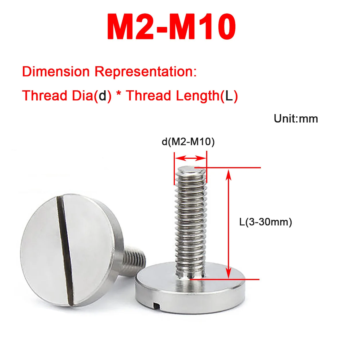 

304 Stainless Steel Flat Head Slotted Hand Screw M2M2.5M3M4M5M6M8M10