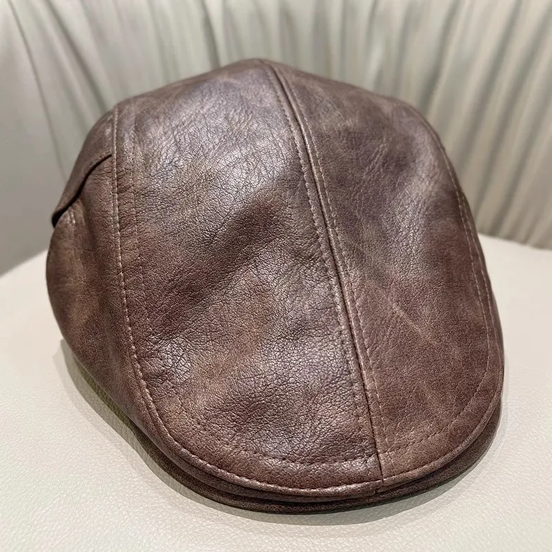 New autumn winter warm men fashion retro ivy flat cap faux leather 4 colors high quality black brown british style casual cap