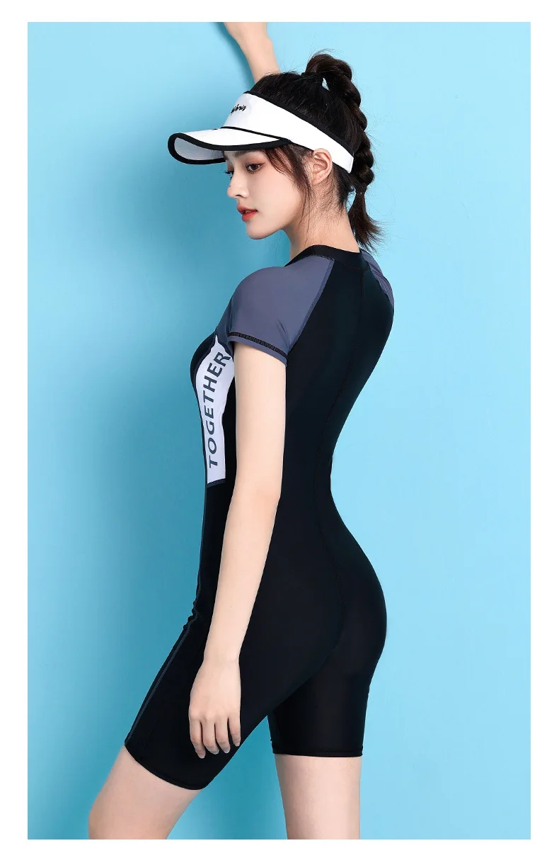 Women Short Sleeve Professional Water Sports Push Up Beach SwimWear Female One Piece Knee Length Front Zipper Bathing SwimSuit