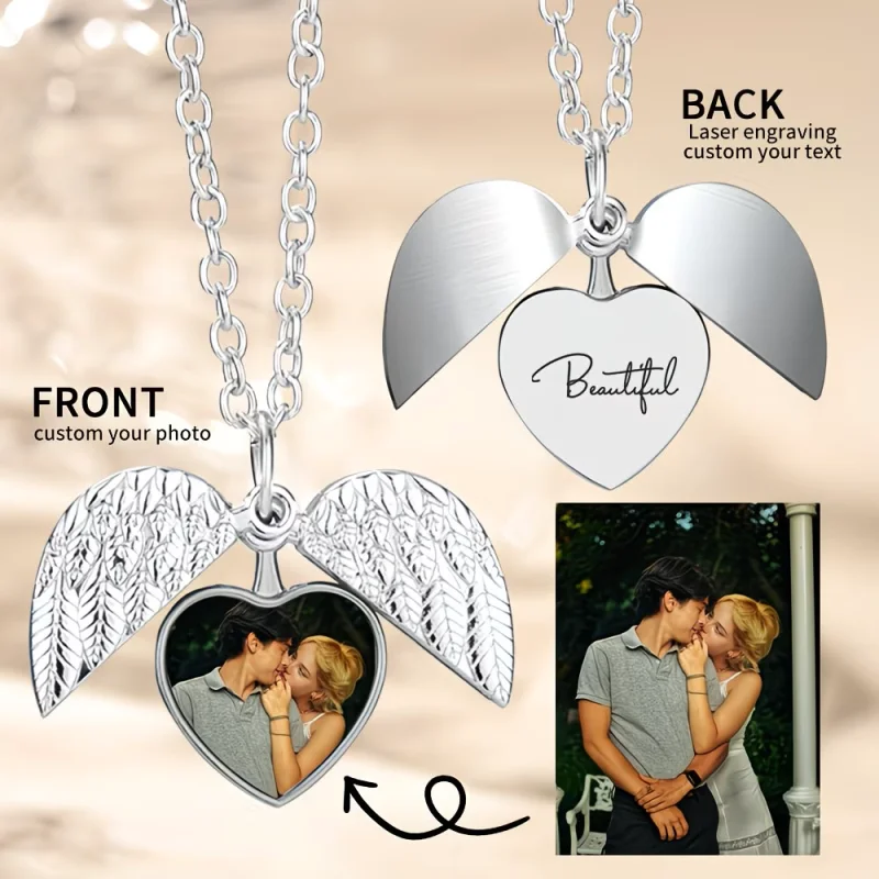 Customised Image: Personalised Heart-Shaped Necklace, Can Include Photos and Text angel Wings/Custom Memorial Jewellery