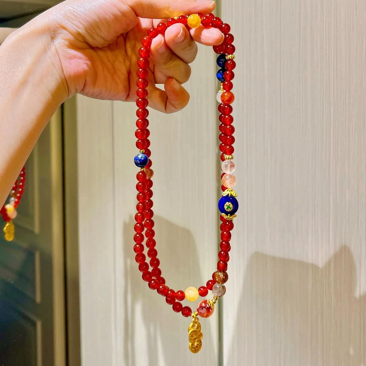 

Original design natural ice transparent chalcedony lapis lazuli beaded necklace new Chinese handmade round bead sweater chain