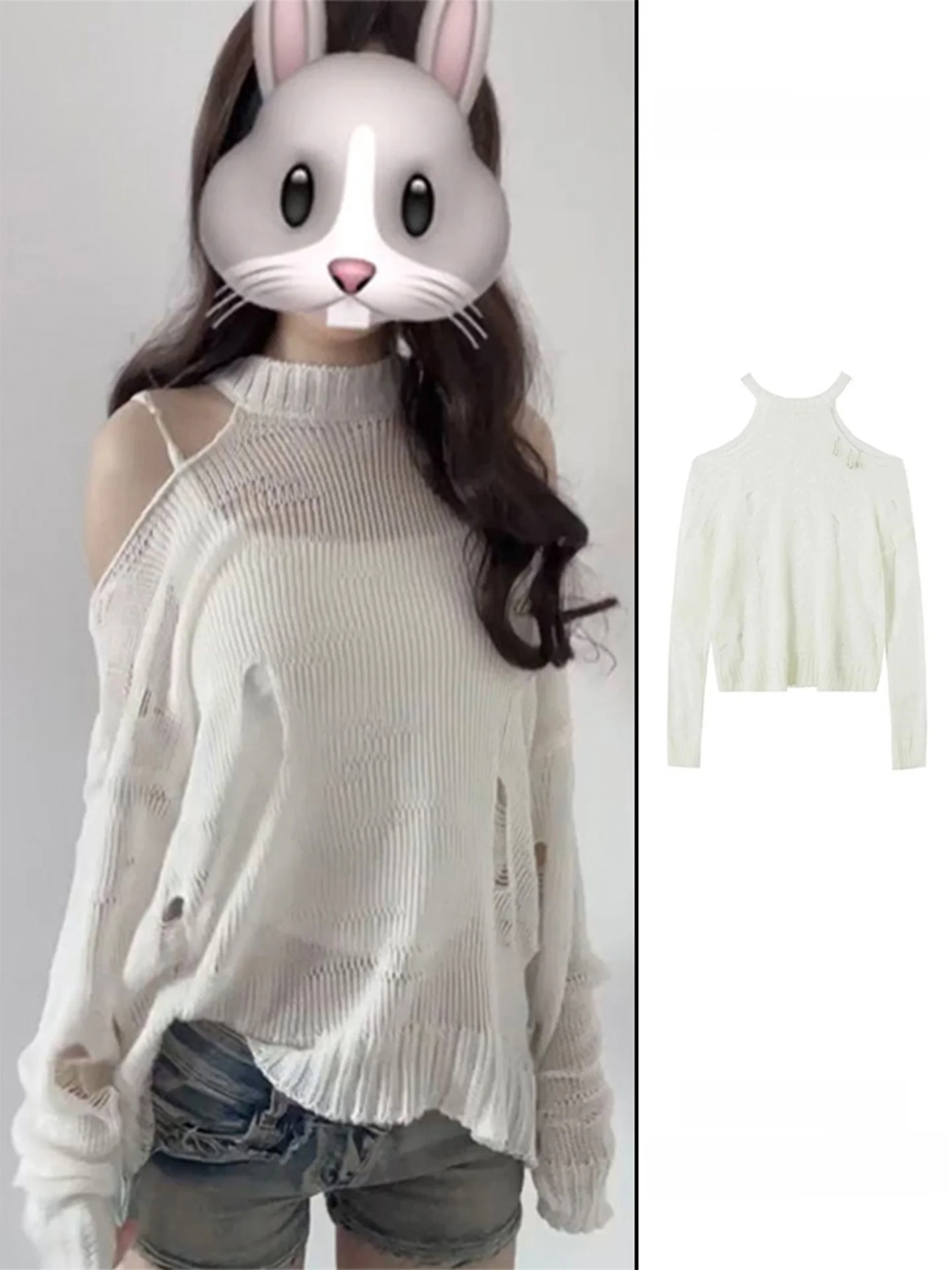 

Spicy Girl, белый ажурный длинный вязаный топ све, женский ранний осенний свободный свитер с лямкой на плечах