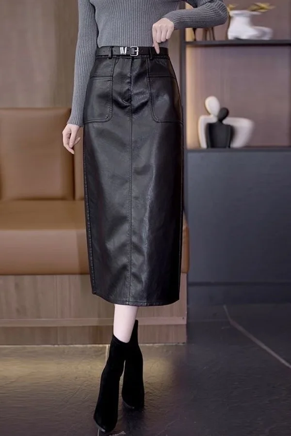 الشتاء بو الجلود تنورة عالية الخصر ميدي مستقيم خطوة واحدة التفاف الجسم تنورة قصيرة ألف خط تنورة البوليستر النسيج لون نقي #2