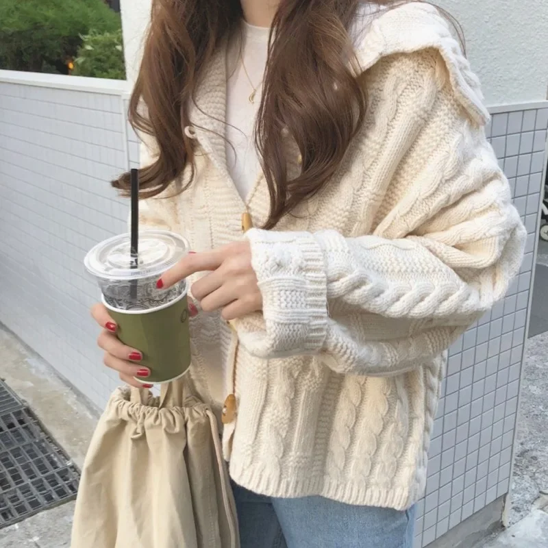 

Autumn New Korean Academy Style Coarse Knitted Cardigan Sweater Women's Navy Collar Coat Top Female Clothing