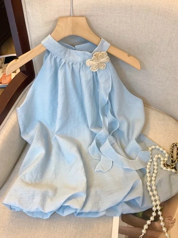 

Summer Dopaamine Sleeveless Neck Hanging Flower Bud Top Women's New Style Three Dimensional Flower Sash Fashion Loose Persona...