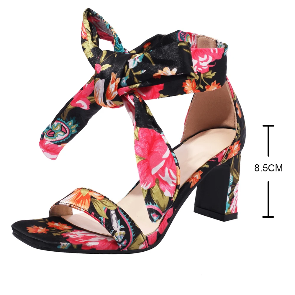 bohemian style Cross ankle strap Sandals Women flower Satin Pumps Summer Lady casual vacation shoes Party Dancing 8cm High heels