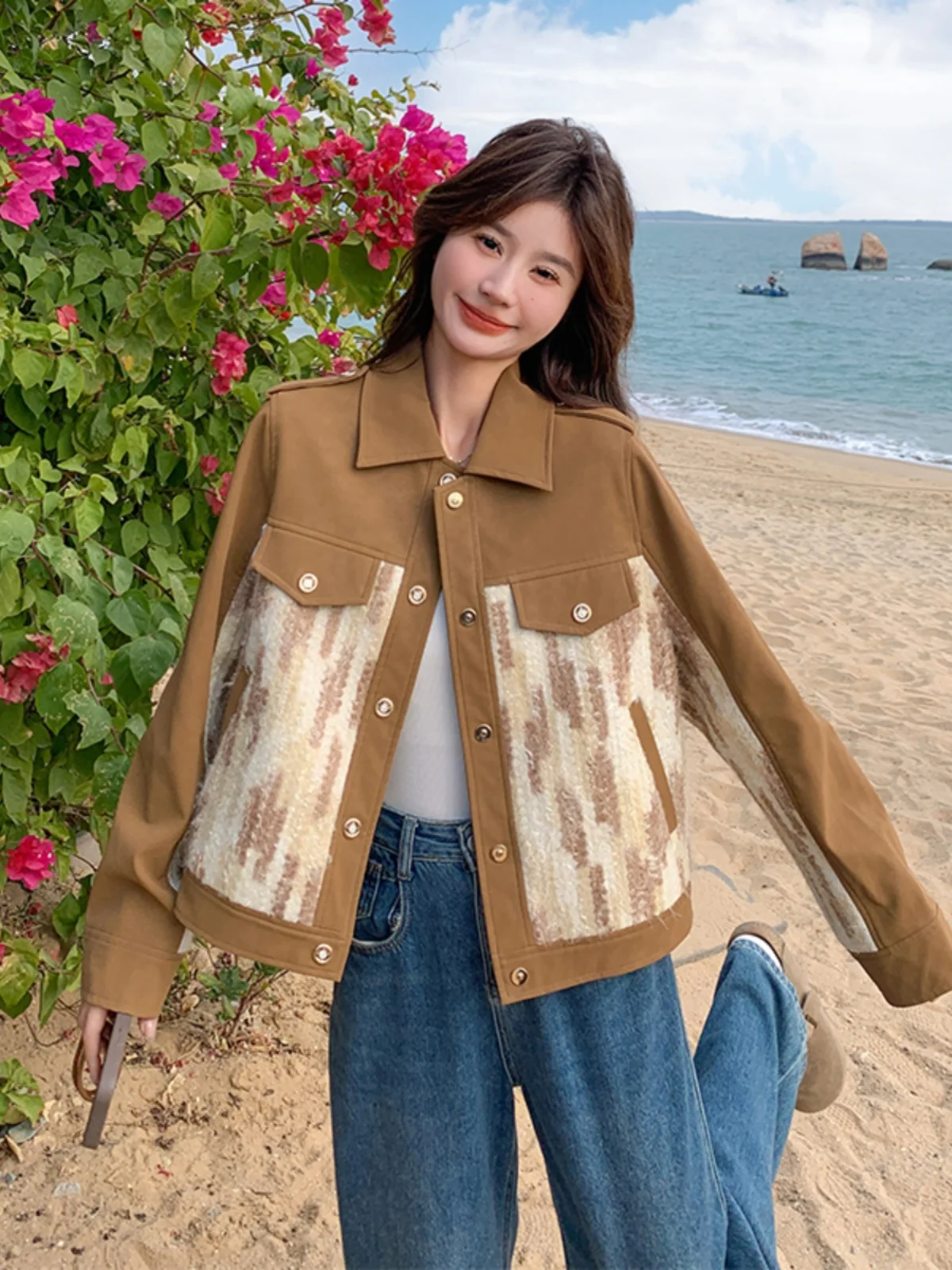 

Faionable Patchwork ort Jaet Women's Autumn Outerwear 2025 New Sle Small Size Top Commute Wind Straight Cut Design