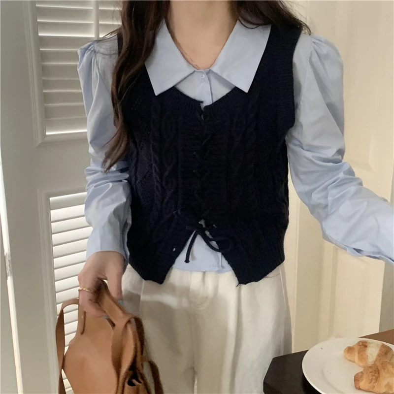 Solid Red Sweater Vest Women High Street Design Belt Twist Knitting Sleeveless Sweaters Loose Cropped Vests Female Korean Style