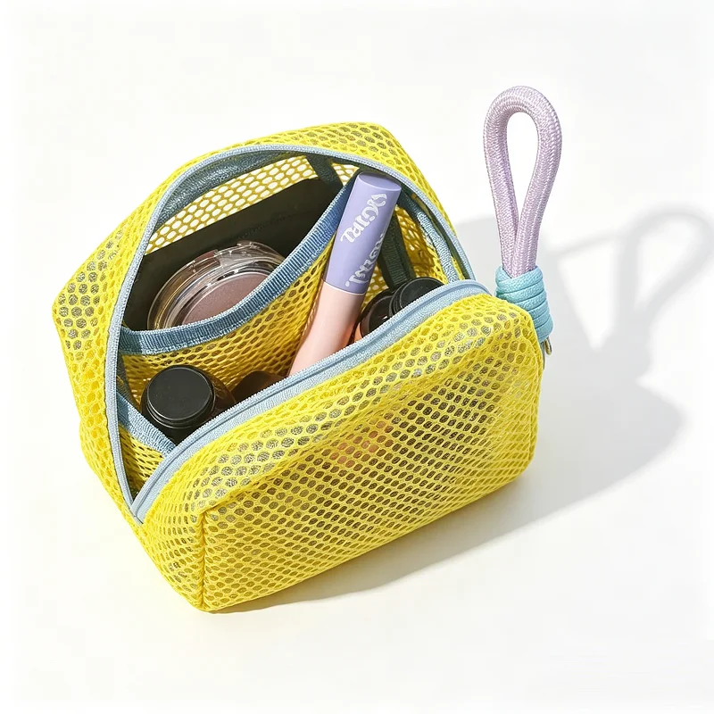 Candy Color Square Mesh Cosmetic Organization Storage Bag with Zipper Portable Sundries Pouch For Travel With Rope