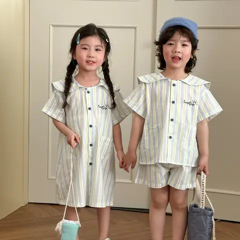 Brother Sister Clothes Childrens Pajamas Suit 2025 Summer Cotton Stripes Boys Suit Single Breasted Short Sleeve Girl Nightdress