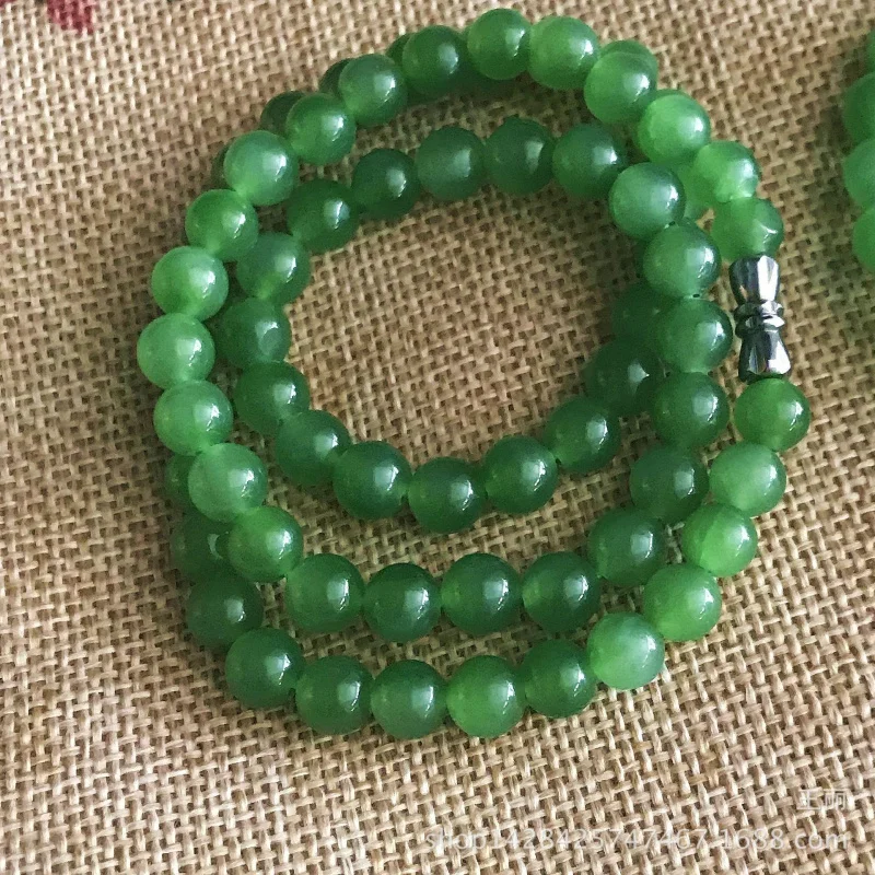 ZhenbaoHetian Jade Ice-like Transparent Green round Beads Necklace