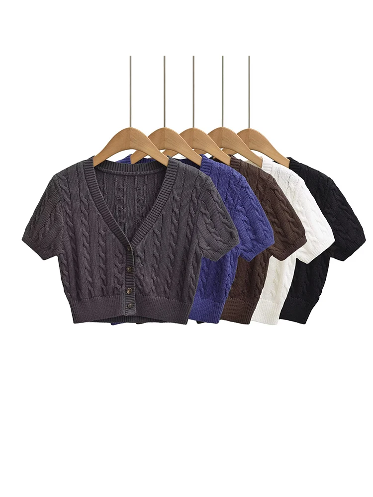 

Женские укороченные вязаные топы с коротким рукавом и перекрестным узором, однотонные кардиганы с V-образным вырезом, короткие свитера