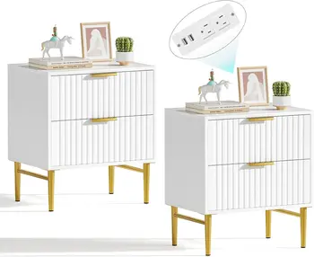 Image Nightstand Set of 2 with Charging Station, Fluted Nightstand with Drawers, Modern Bedside Table with Gold Legs, End Table for Be