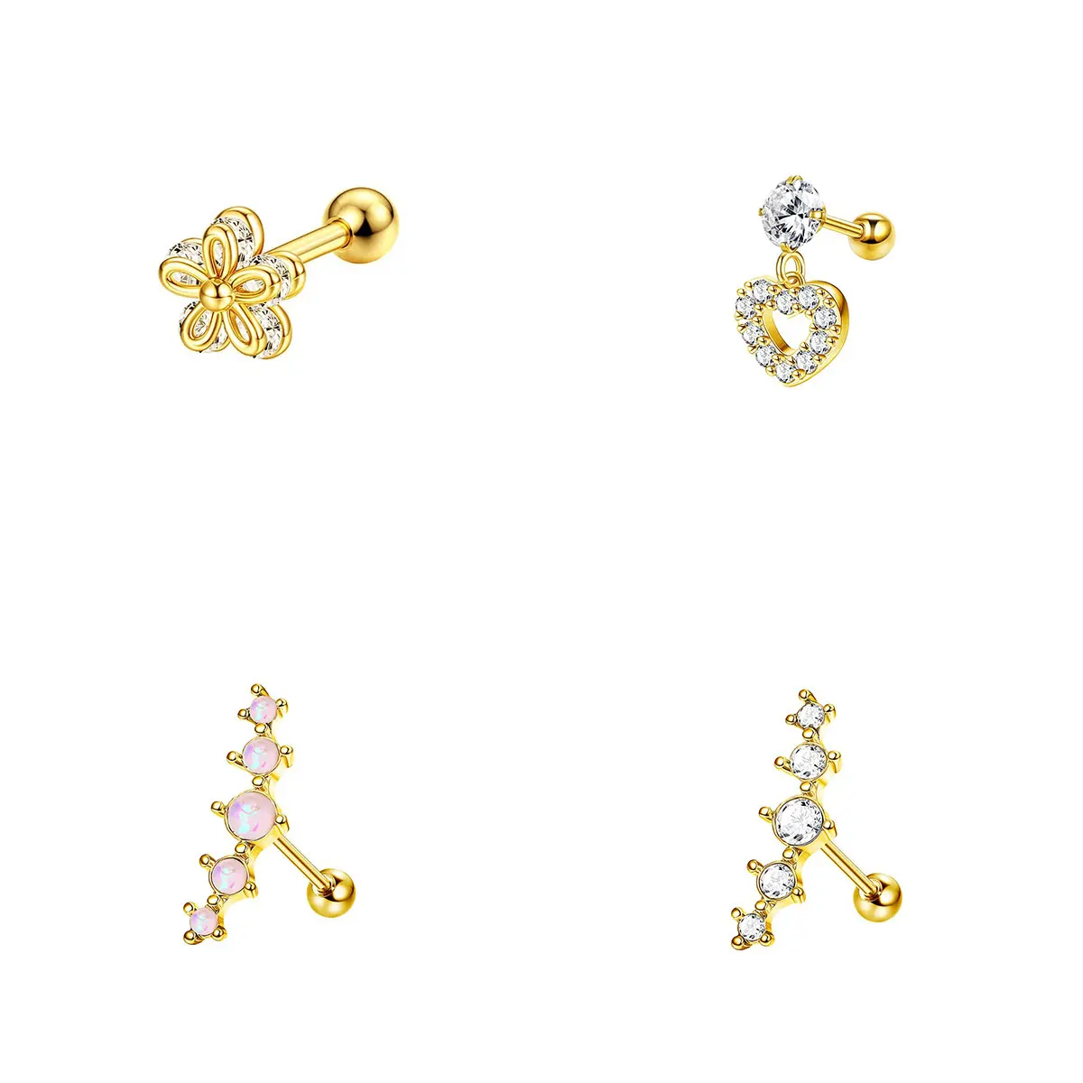 4 pieces a stylish 316L stainless steel cartilage earrings set, inlaid with Aubao Zircon, flowers, heart pendant